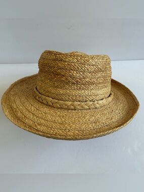 Scala Raffia Straw Up Brim Hat Tan Braided Fedora 3XL Coastal Resort Cruise Wide